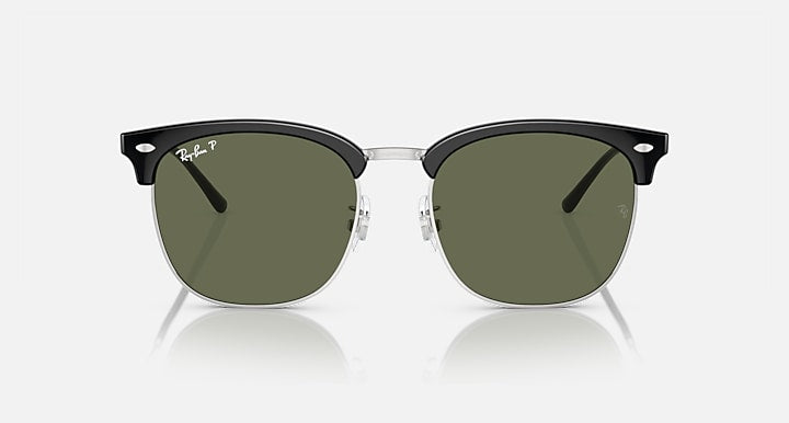 Ray-Ban RB4418D sunglasses, front view, dark green polarized lenses, black frame with silver hardware
