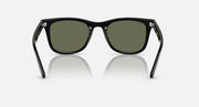 Black sunglasses with green-tinted lenses and front view, angled temples