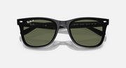 Black Ray-Ban sunglasses with green-tinted lenses and logo-marked temples