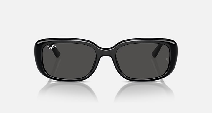 Black Ray-Ban sunglasses, front view, thick dark frame with dark gray lenses