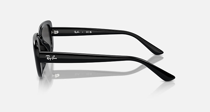 Black Ray-Ban sunglasses, side profile, dark temple arms and curved lenses