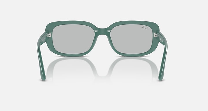 Green Ray-Ban sunglasses, front view, light gray lenses and green glossy frame