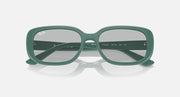 Green Ray-Ban sunglasses with light gray lenses and visible sizing markings