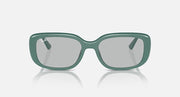Green Ray-Ban sunglasses, front view, light gray lenses with wide rounded frame
