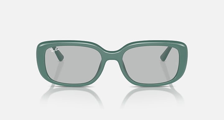 Green Ray-Ban sunglasses, front view, light gray lenses with wide rounded frame