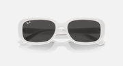 White Ray-Ban RB4421D sunglasses angled view with dark grey lenses and wide bridge.