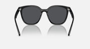 Sunglasses with black frames and dark gray lenses, front angled view