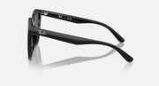 Sunglasses, black frame side profile with dark lens and curved temple