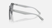 Sunglasses, clear gray frame side profile with dark lens and curved temple