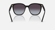 Front view of black sunglasses with dark purple lenses and gold-trimmed corner tips.
