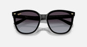 Black sunglasses with dark purple lenses and slightly oversized square shape.