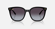 Black sunglasses with wide square lenses and dark purple tint; gold accents on hinges.