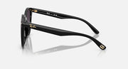 Black sunglasses side view with gold logo on temple and dark tinted lens frame.