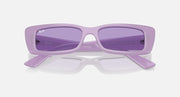 Ray-Ban lilac rectangular sunglasses with violet tinted lenses, top-down angle