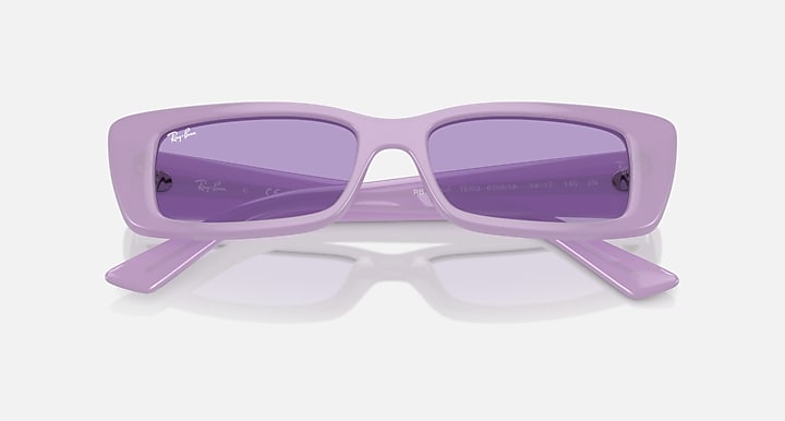 Ray-Ban lilac rectangular sunglasses with violet tinted lenses, top-down angle