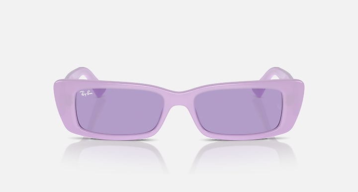 Ray-Ban lilac rectangular sunglasses, front view, violet tinted lenses