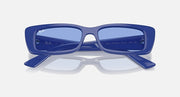 Ray-Ban electric blue rectangular sunglasses with blue tinted lenses, angled view