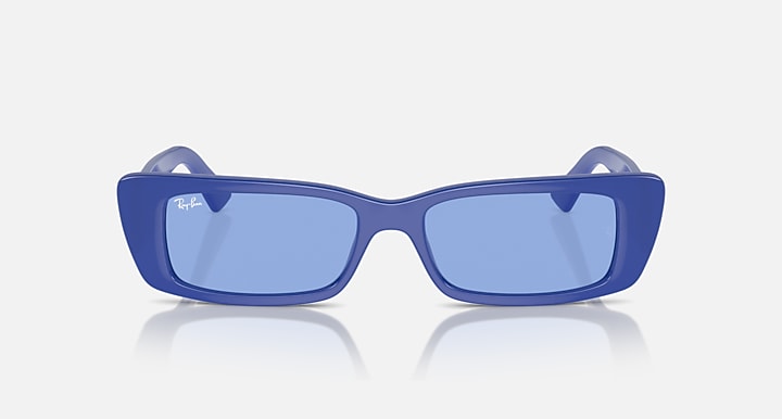 Ray-Ban electric blue rectangular sunglasses, front view, blue tinted lenses