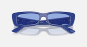 Blue rectangular sunglasses with light-blue lenses, top view showing inner markings
