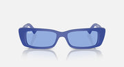 Blue rectangular sunglasses with light-blue lenses, front view, Ray-Ban logo on temples