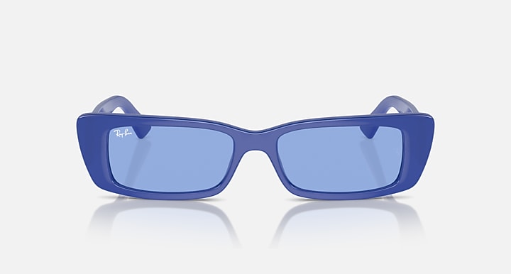 Blue rectangular sunglasses with light-blue lenses, front view, Ray-Ban logo on temples