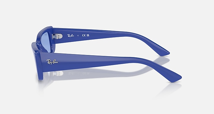 Blue sunglasses with light-blue lenses, side temple view with Ray-Ban logo