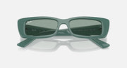 Green rectangular sunglasses with muted-green lenses, top view with temple text visible