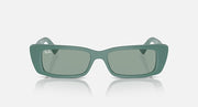 Green rectangular sunglasses with muted green lenses, front view, Ray-Ban logo on temples