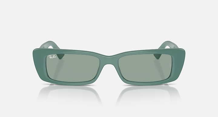 Green rectangular sunglasses with muted green lenses, front view, Ray-Ban logo on temples