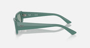 Green sunglasses with muted-green lenses, side temple view