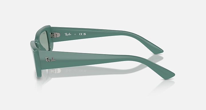 Green sunglasses with muted-green lenses, side temple view