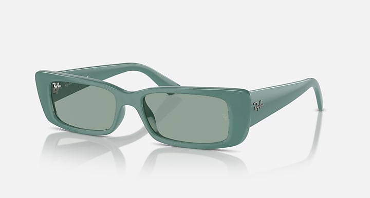 Green rectangular sunglasses with muted green lenses and Ray-Ban logo on temples