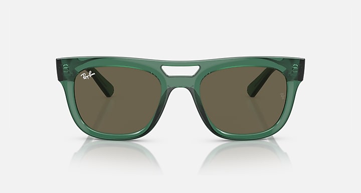 Front view green sunglasses with brown lenses and angular full-rim frame, Ray-Ban Phil