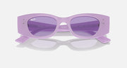 Lilac sunglasses with purple tinted lenses and visible logo details