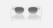 White rectangular sunglasses with dark lenses and branded metal accents on the temples