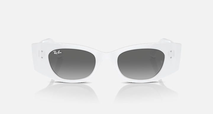 White sunglasses with dark oval lenses and slim temple arms featuring small brand marks