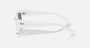White sunglasses side profile with curved temples and dark lens edge view
