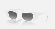 White rectangular sunglasses with dark gradient lenses and metal logo on the arms