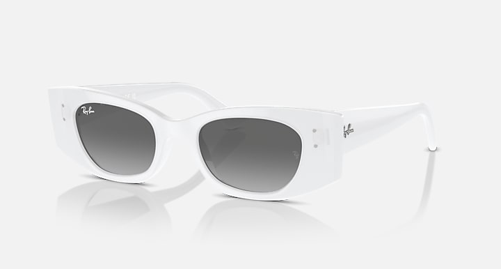White rectangular sunglasses with dark gradient lenses and metal logo on the arms