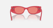 Red sunglasses with pink-tinted lenses and straight temple arms with metal accents