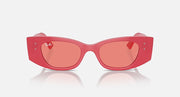 Red rectangular sunglasses with pink-tinted lenses and brand marks near the temples