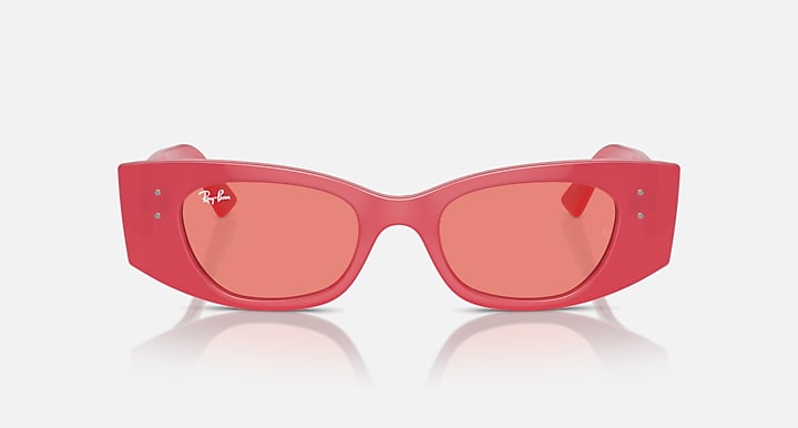 Red rectangular sunglasses with pink-tinted lenses and brand marks near the temples