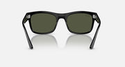 Ray-Ban RB4428 sunglasses from front, black frame with dark green lenses and metal accents