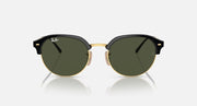 Round sunglasses with black frame and gold bridge, dark green lenses