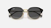 Ray-Ban RB4429 round sunglasses, black frame with gold accents and dark grey lenses