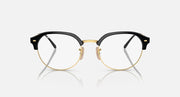 Ray-Ban RB4429 round sunglasses, black frame with gold bridge and clear lenses