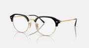 Ray-Ban RB4429 round sunglasses, black frame with gold trim and clear lenses