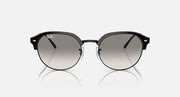 Round sunglasses with black frame and dark grey tinted lenses, front view.