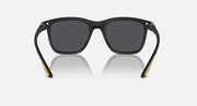 Matte black sunglasses with dark grey lenses and yellow-accented temple tips