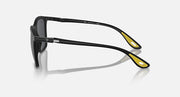 Matte black sunglasses side view with dark grey lenses and yellow temple accents